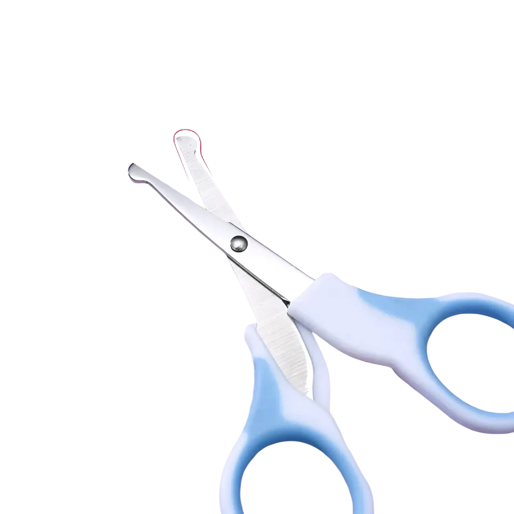Baby safety scissors with soft blue and white silicone handles and stainless steel blades in baby grooming kit