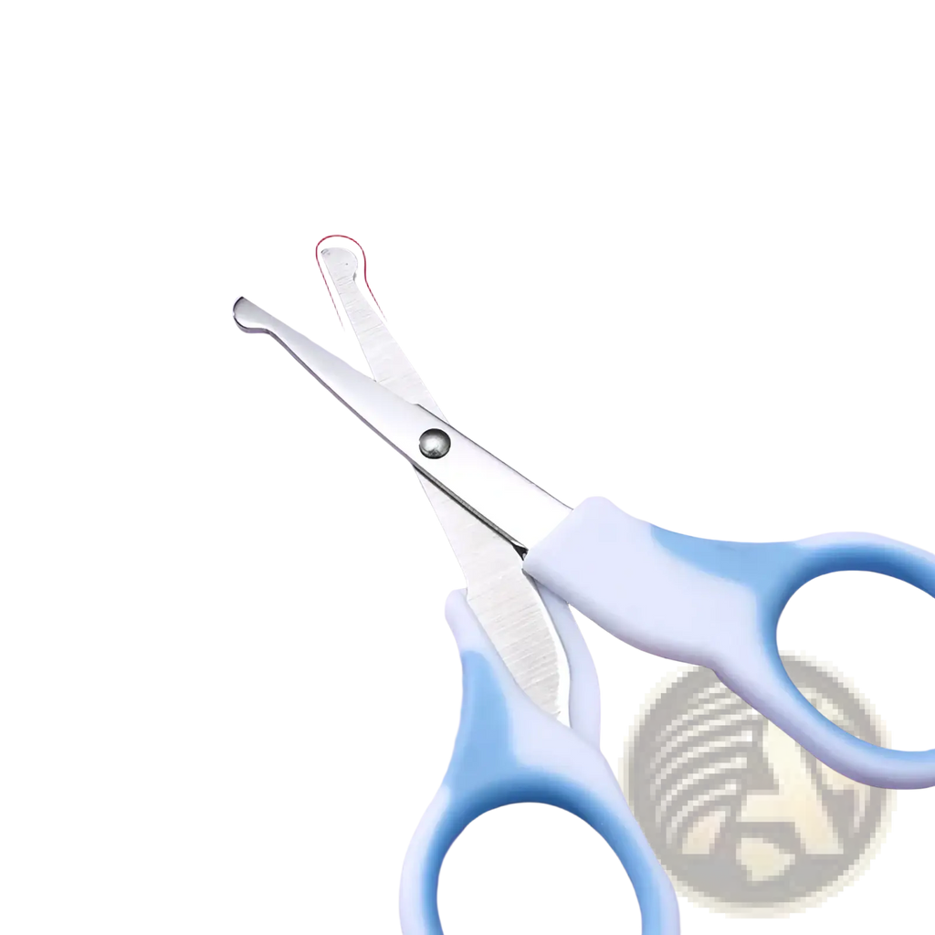 Baby safety scissors with soft blue and white silicone handles and stainless steel blades in baby grooming kit