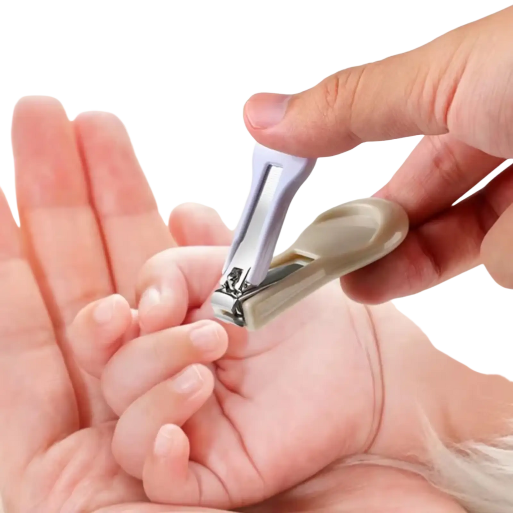 A baby grooming kit newborn care set with a light gray and beige child-safe nail clipper trimming fingernails