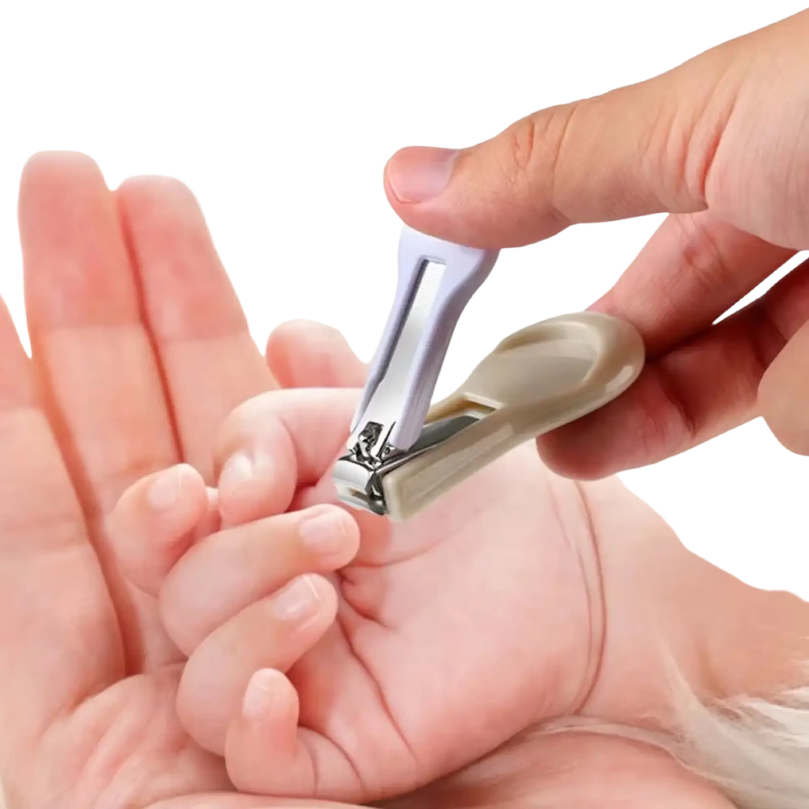 A baby grooming kit newborn care set with a light gray and beige child-safe nail clipper trimming fingernails