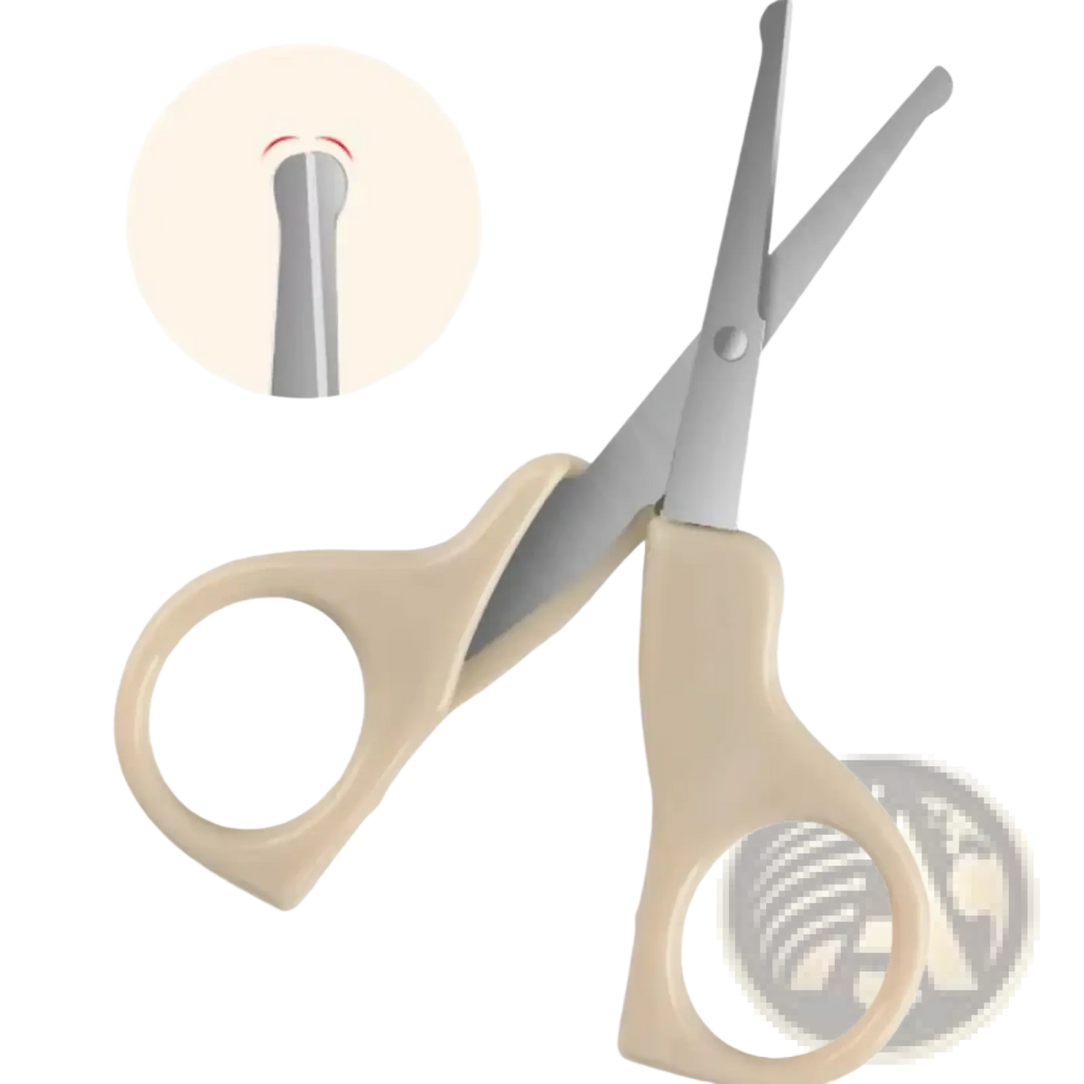 Beige-handled baby nail clippers with silver rounded tip blades for safe grooming in newborn care set
