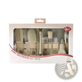 Beige baby grooming kit newborn care set with nine pieces including brushes combs scissors and a digital thermometer