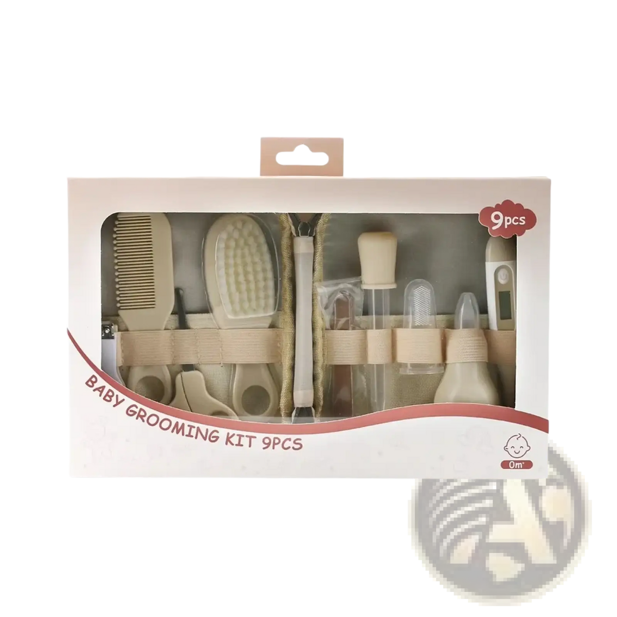 Beige baby grooming kit newborn care set with nine pieces including brushes combs scissors and a digital thermometer