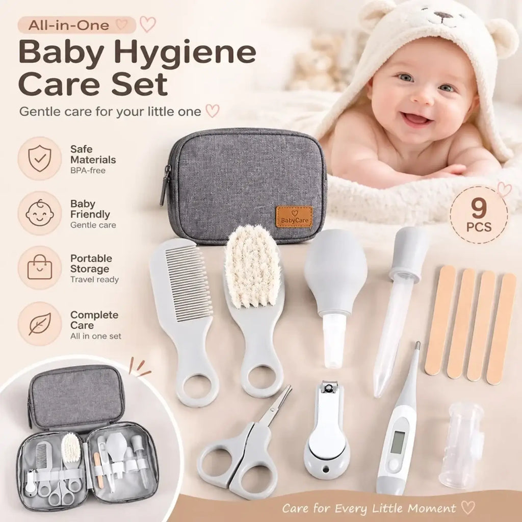 Gray fabric travel case with brown leather patch featuring babycare logo for newborn baby grooming kit set