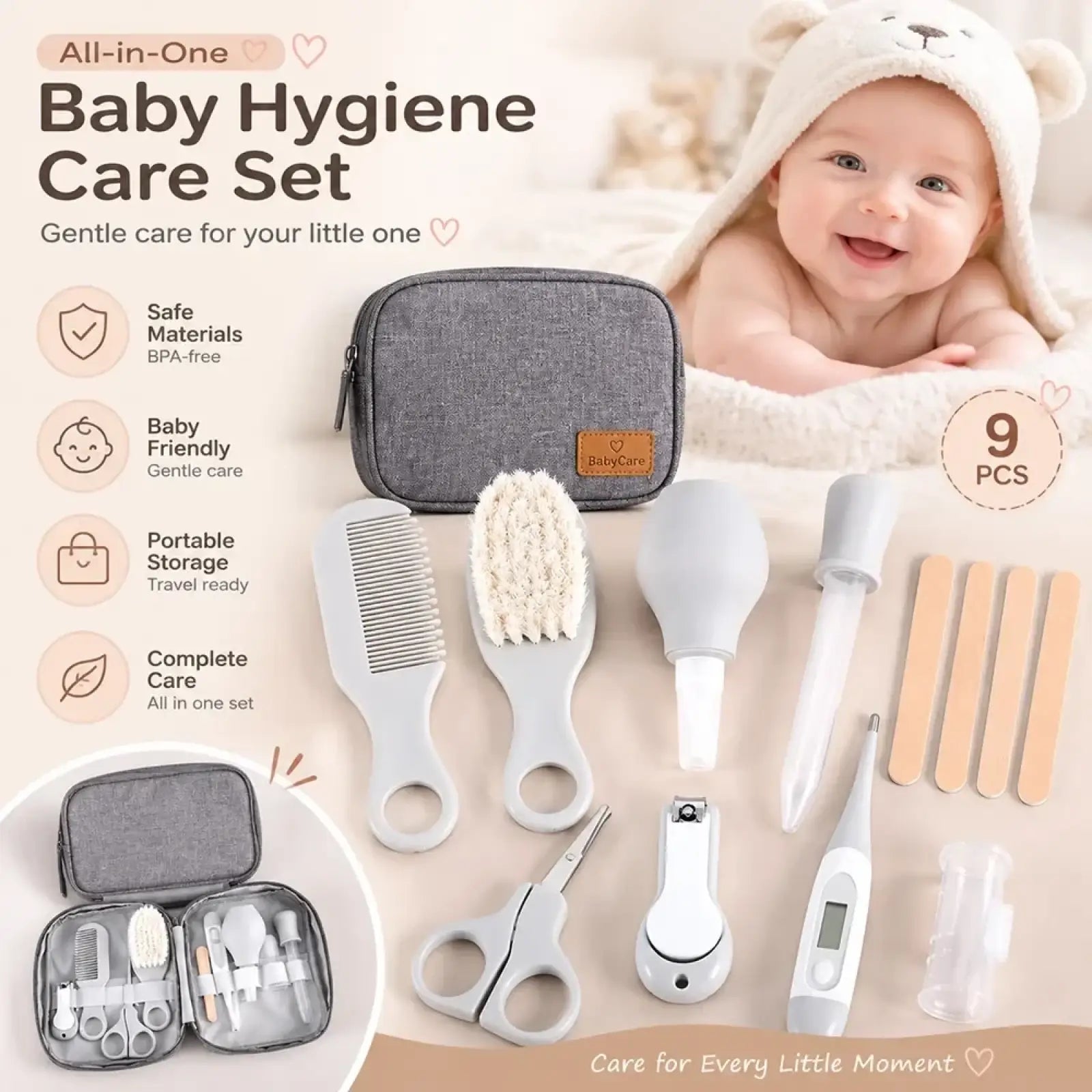 Gray fabric travel case with brown leather patch featuring babycare logo for newborn baby grooming kit set