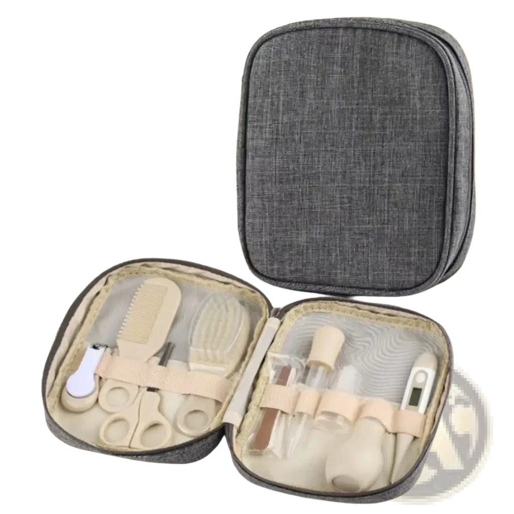 Gray textured fabric travel case containing a beige and white baby grooming kit newborn care set with tools