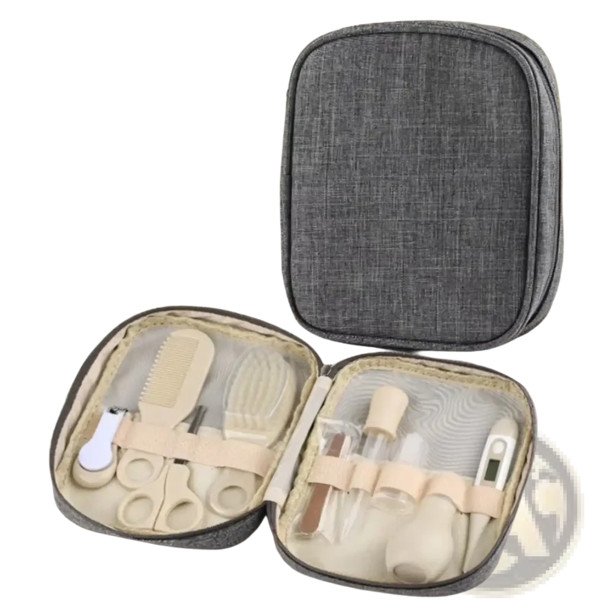 Gray textured fabric travel case containing a beige and white baby grooming kit newborn care set with tools