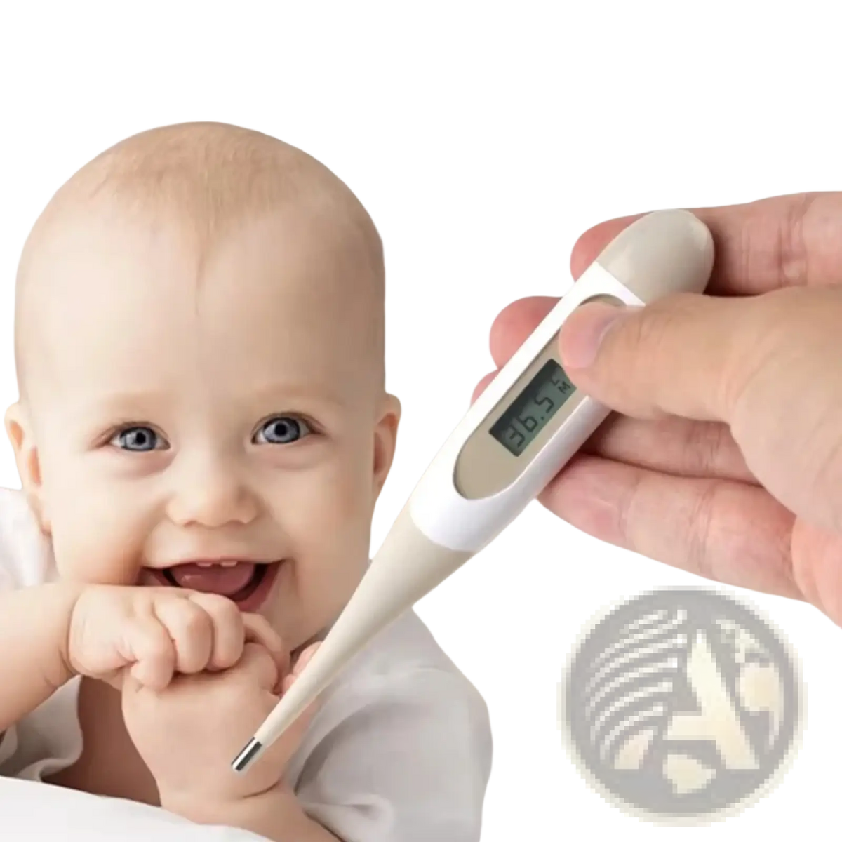 White digital thermometer with sleek ergonomic design and lcd screen showing temperature in baby grooming kit newborn care set