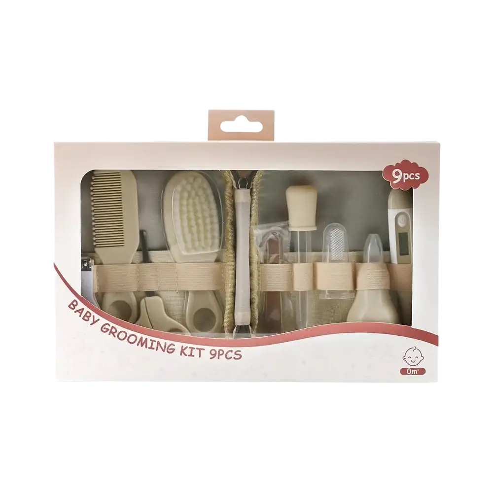 Beige baby grooming kit newborn care set with nine pieces including brushes combs scissors and a digital thermometer