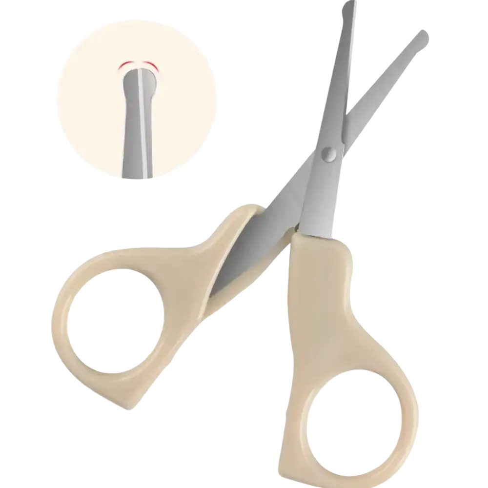 Beige-handled baby nail clippers with silver rounded tip blades for safe grooming in newborn care set