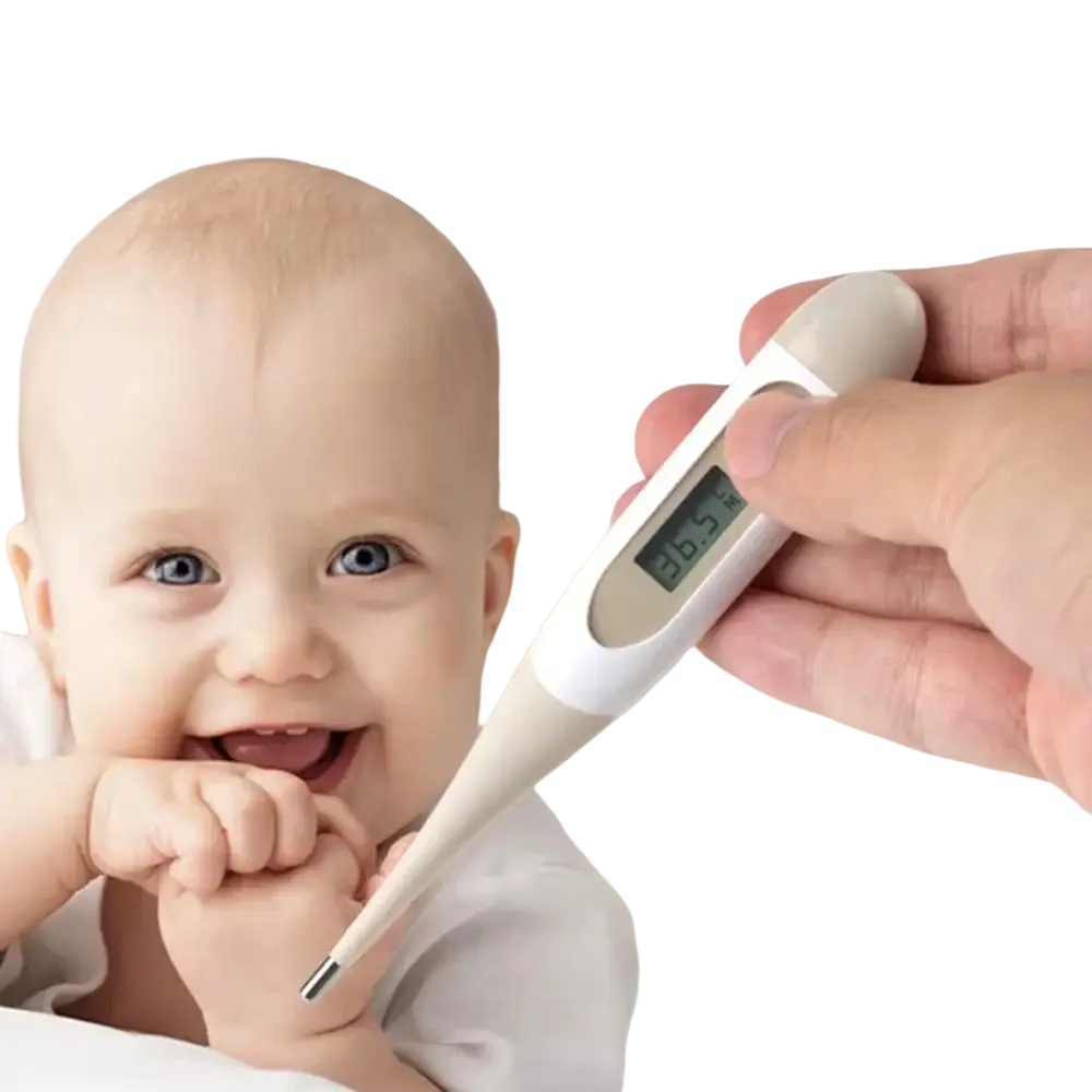 White digital thermometer with sleek ergonomic design and lcd screen showing temperature in baby grooming kit newborn care set