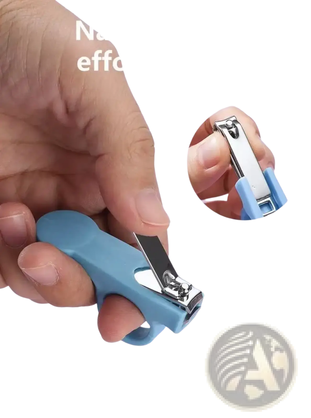 Blue ergonomic baby nail clippers with silver metal blade and finger loop in bpa free newborn care grooming kit