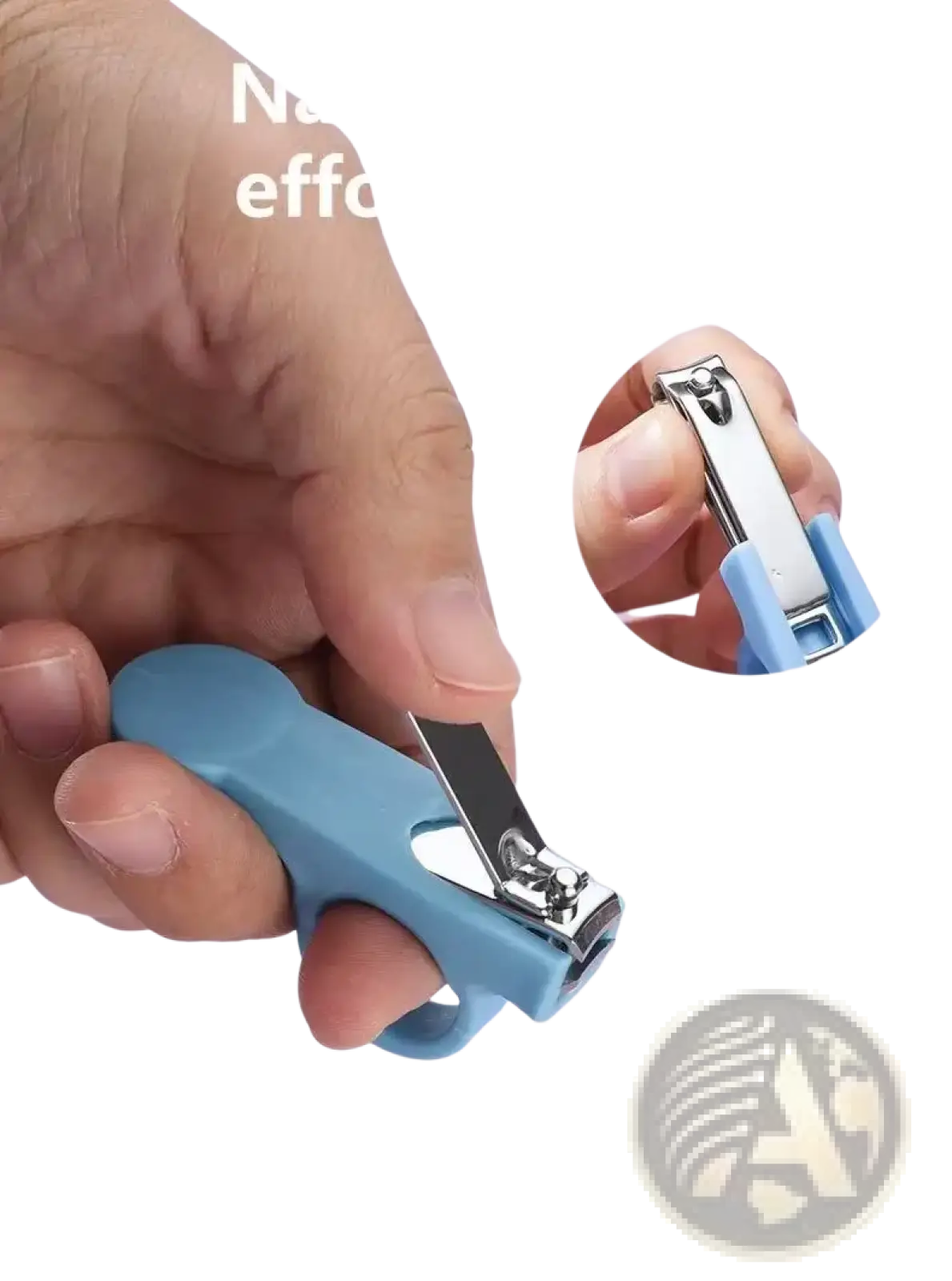 Blue ergonomic baby nail clippers with silver metal blade and finger loop in bpa free newborn care grooming kit