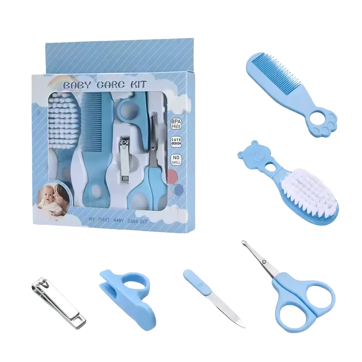Light blue baby grooming kit with bpa free soft bristle brushes comb shaped like paw print and rounded handle scissors