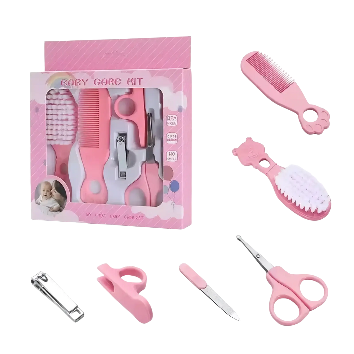 Pink baby grooming kit with soft-bristled brushes combs and scissors featuring paw print handles bpa free safe newborn care set