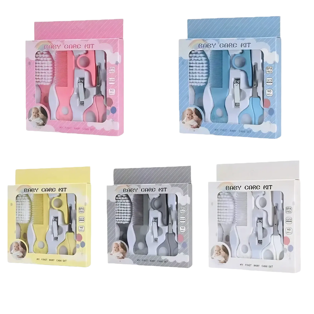 Pink and blue baby grooming kit with soft-bristled brushes combs nail clippers and scissors bpa free newborn care set