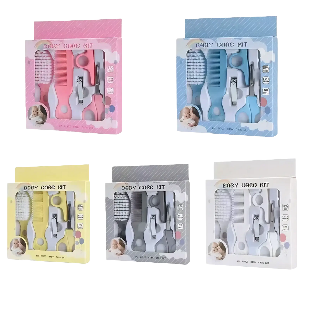 Pink and blue baby grooming kit with soft-bristled brushes combs nail clippers and scissors bpa free newborn care set