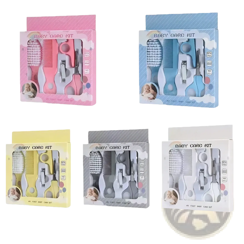 Pink and blue baby grooming kit with soft-bristled brushes combs nail clippers and scissors bpa free newborn care set