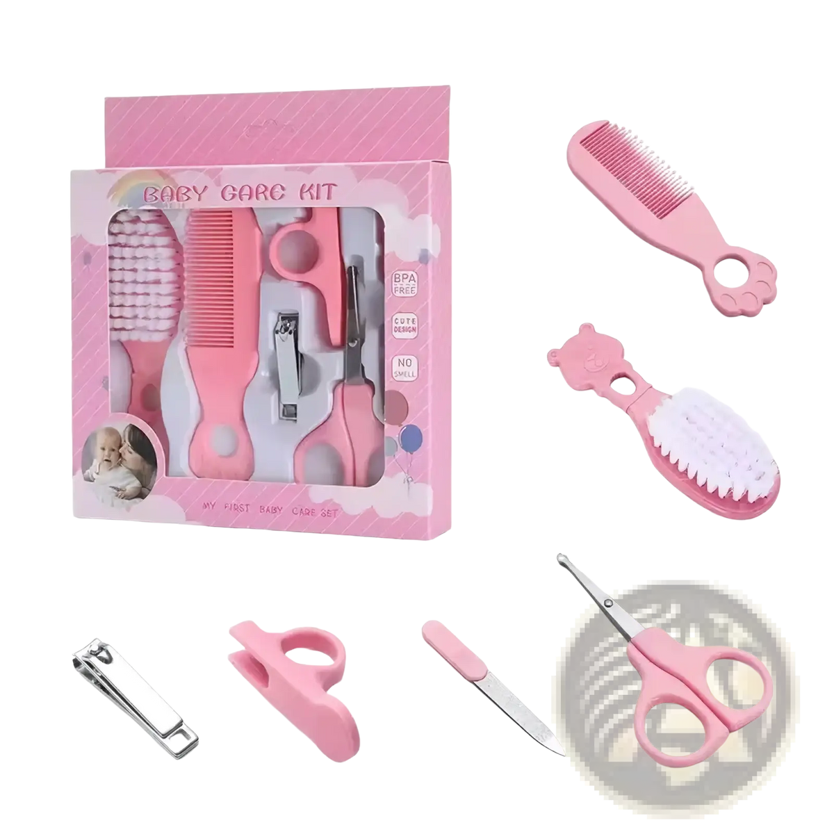 Pink baby grooming kit with soft-bristled brushes combs and scissors featuring paw print handles bpa free safe newborn care set
