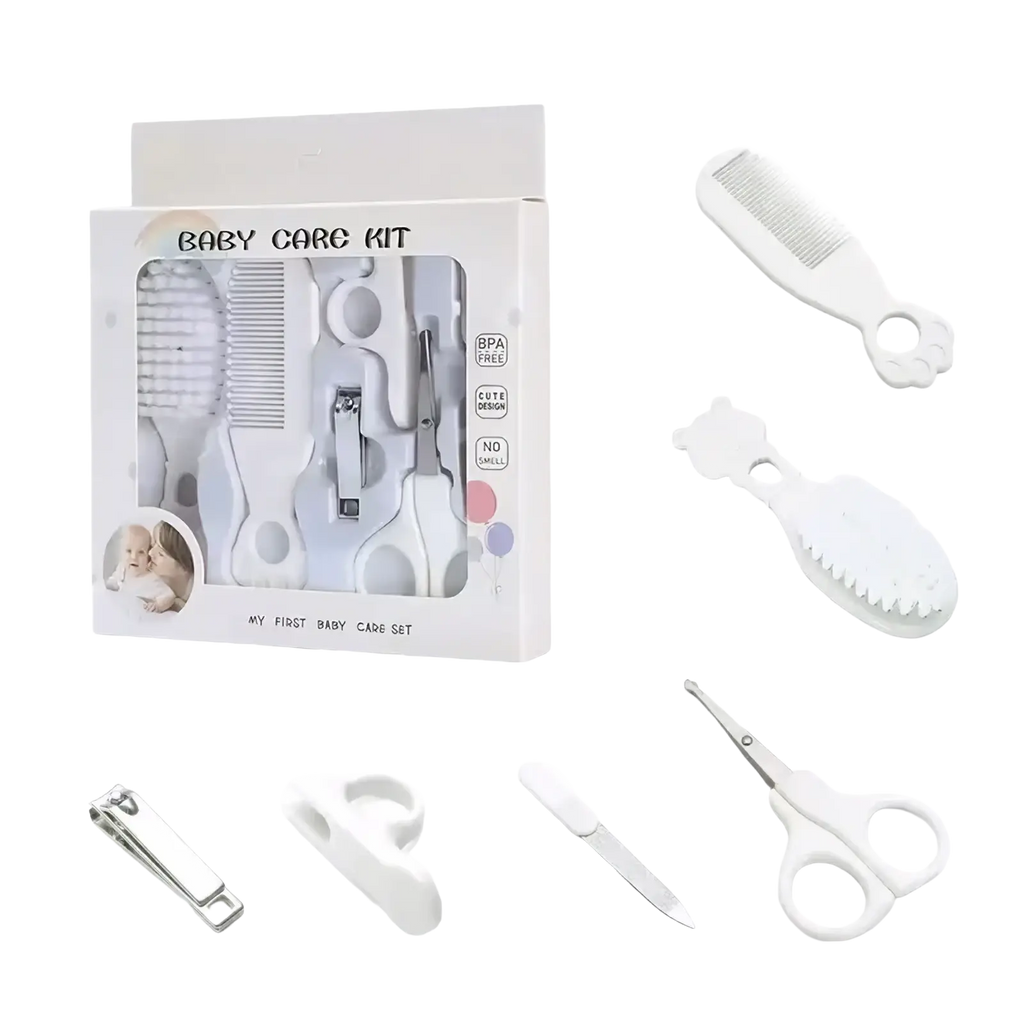 White baby grooming kit with soft rounded combs and scissors safe newborn care set BPA free