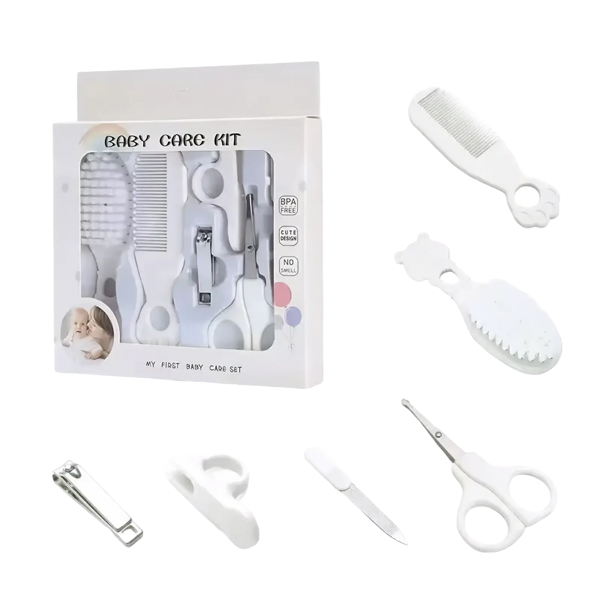 White baby grooming kit with soft rounded combs and scissors safe newborn care set BPA free