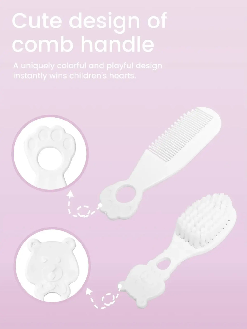 White plastic baby grooming kit with paw print comb handle and bear face brush safe newborn care set bpa free