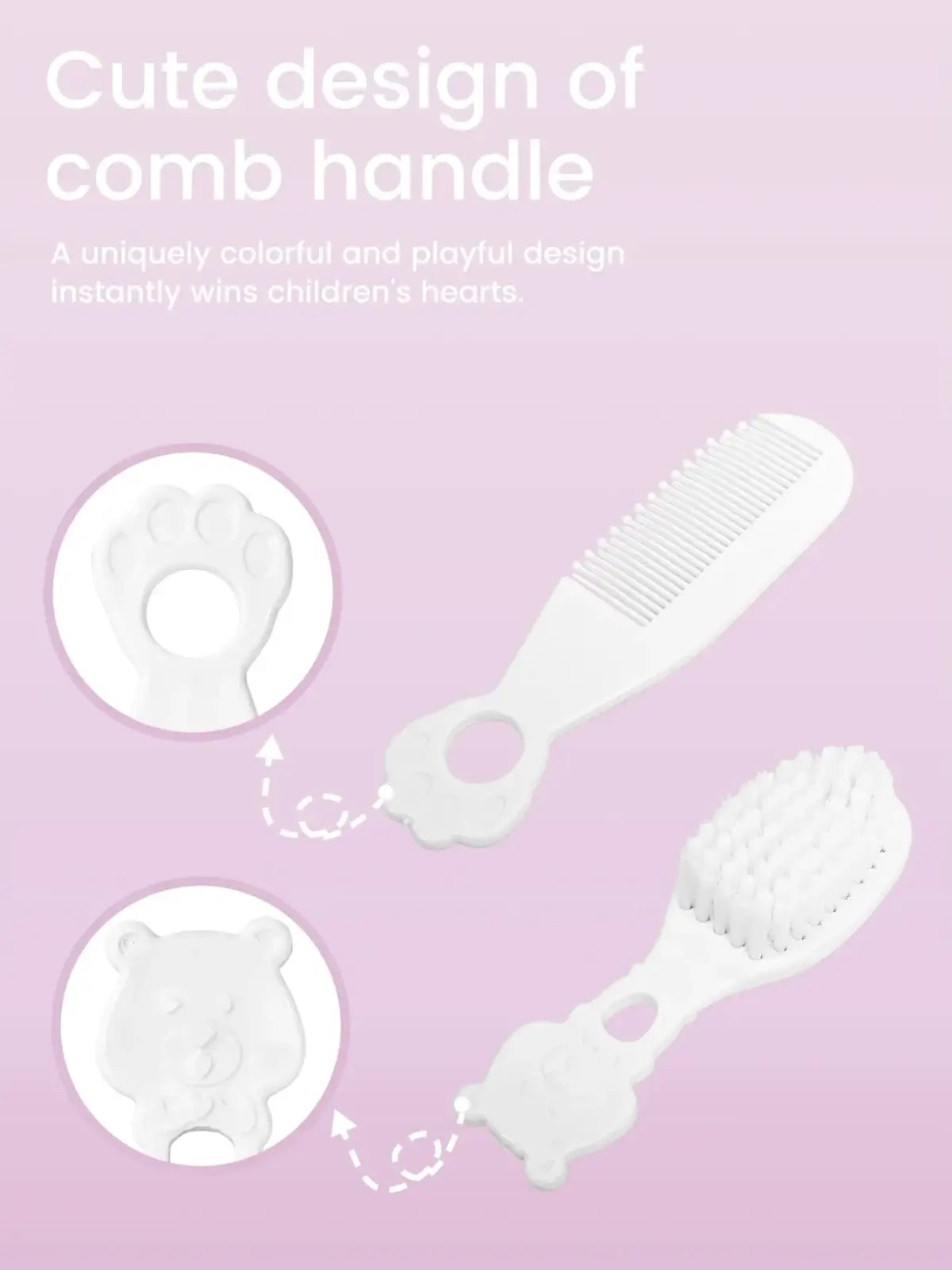 White plastic baby grooming kit with paw print comb handle and bear face brush safe newborn care set bpa free