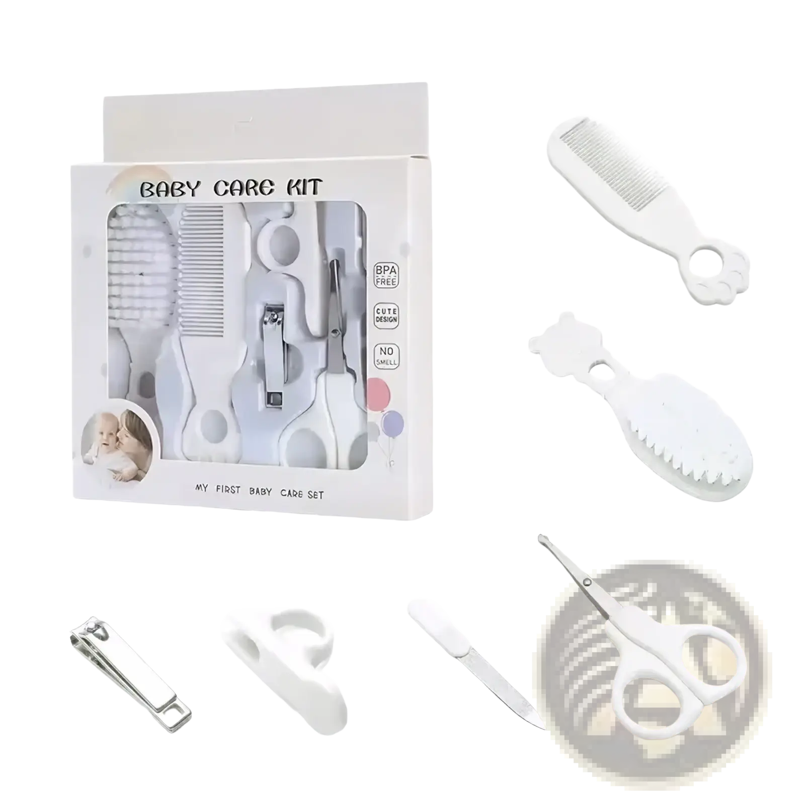 White baby grooming kit with soft rounded combs and scissors safe newborn care set BPA free