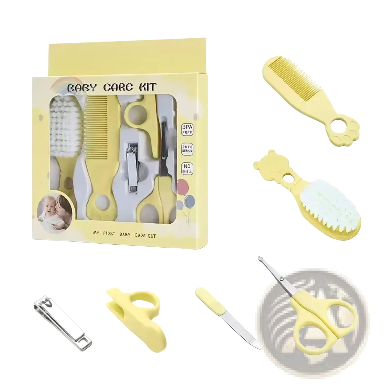 Yellow baby grooming kit with soft-bristled brush comb nail clipper and scissors bpa free safe newborn care set