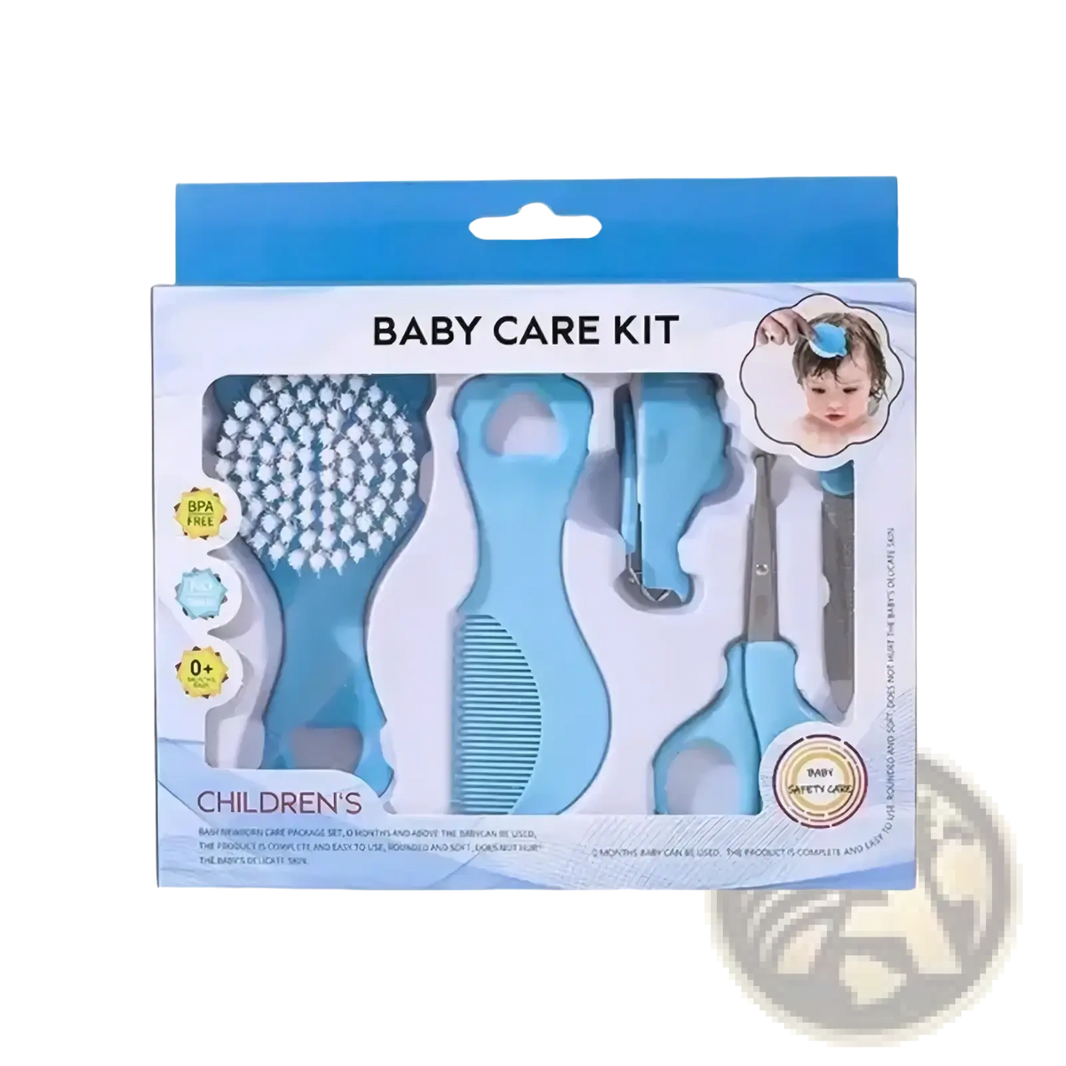 Light blue baby grooming kit with soft-bristled brush comb nail clipper and ergonomic scissors for infant care