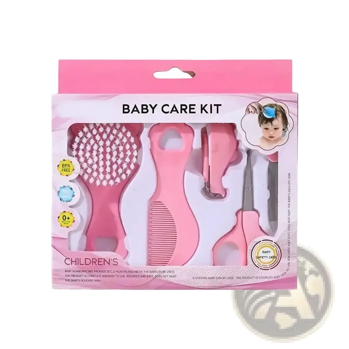 Pink baby grooming kit with soft silicone handles includes brush comb nail clipper and scissors for infant care