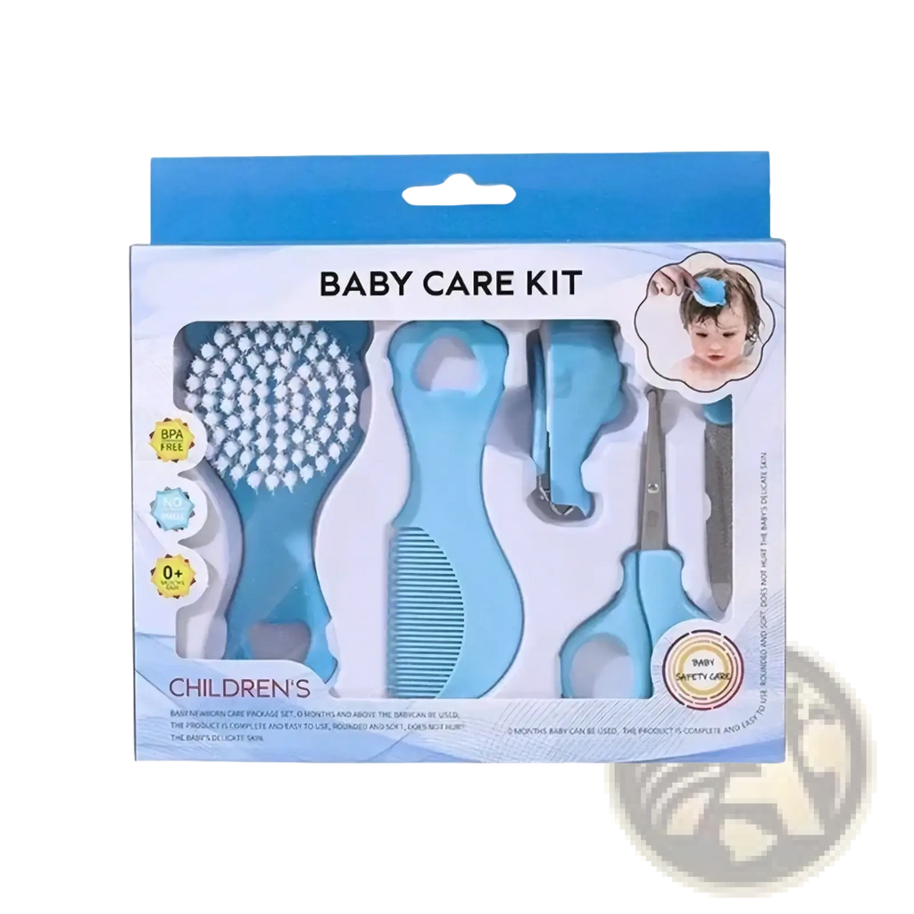Light blue baby grooming kit with soft silicone handles including brush comb nail clipper and scissors for infant care