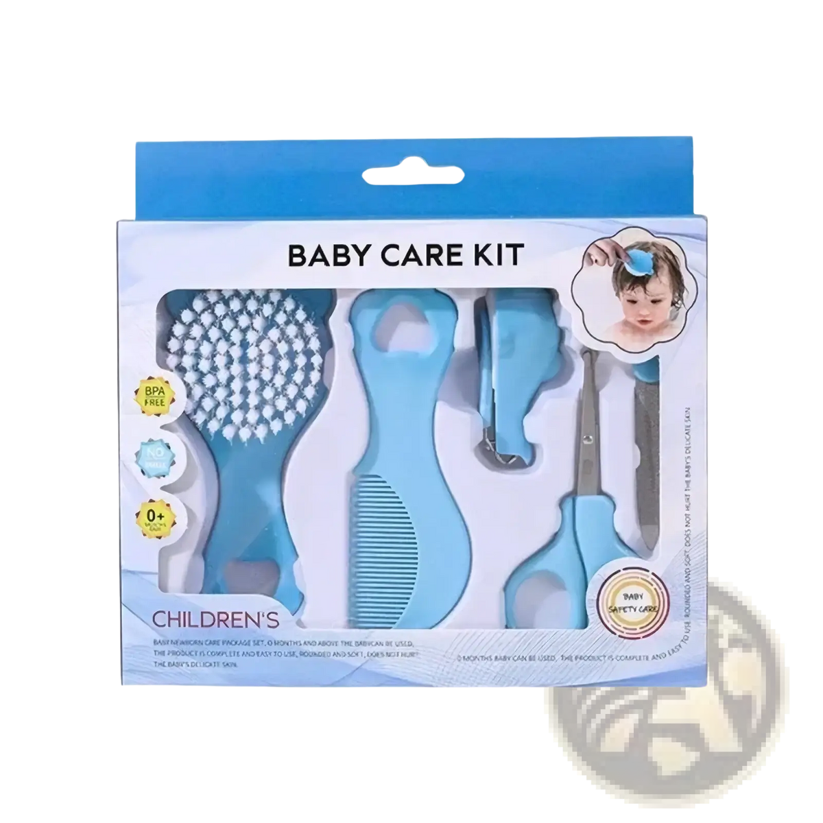 Light blue baby grooming kit with soft silicone handles including brush comb nail clipper and scissors for infant care