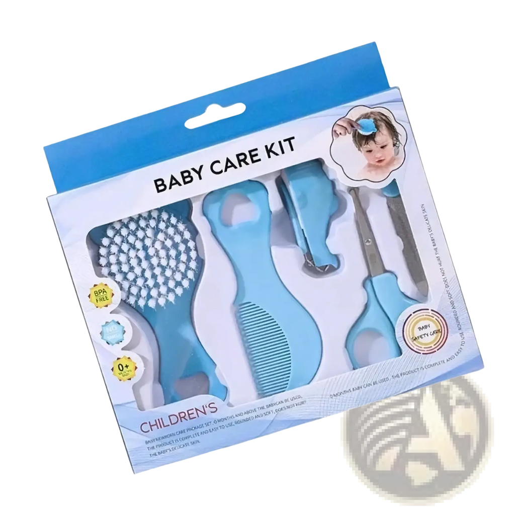 Light blue baby grooming kit with soft bristles featuring brush comb nail clipper and scissors for infant care