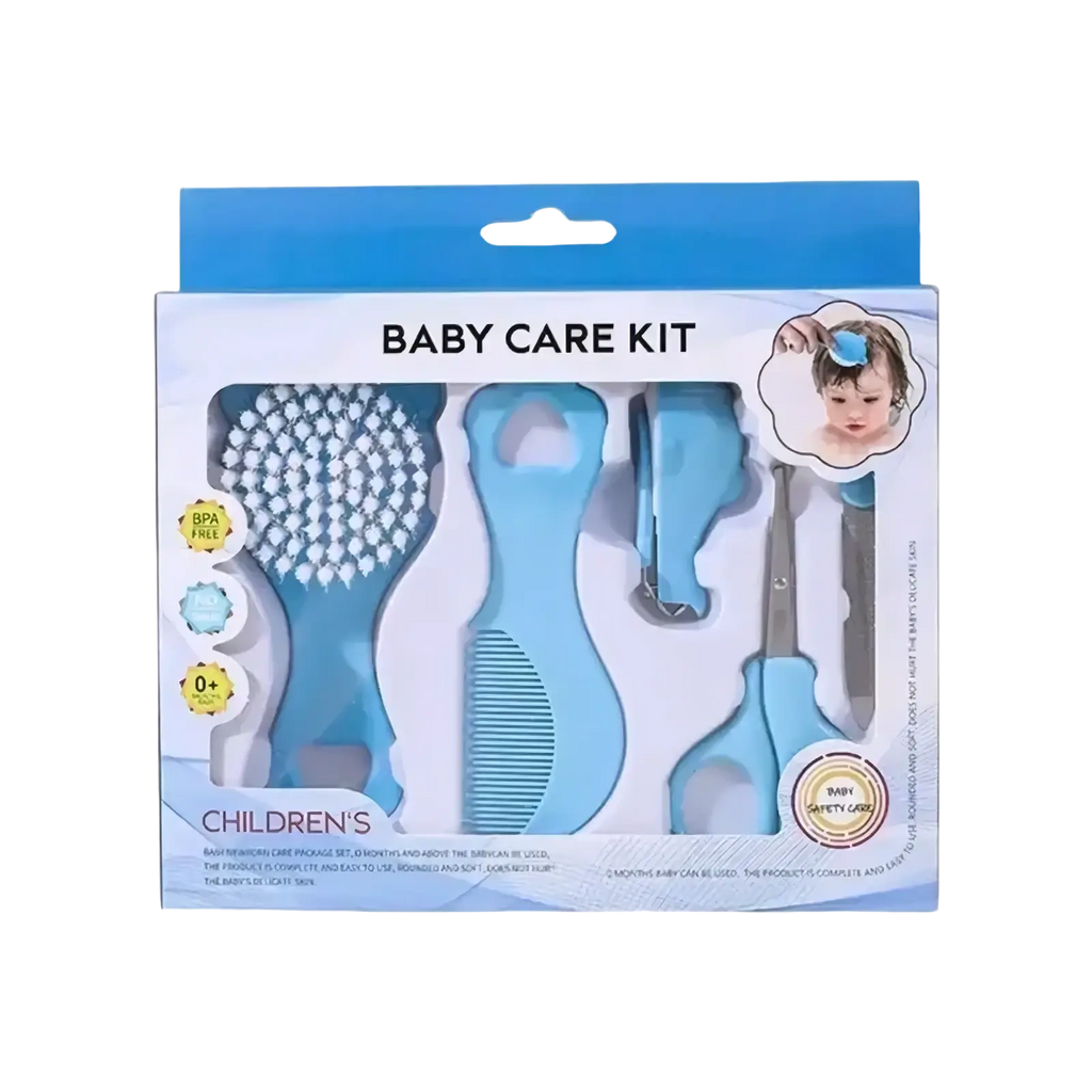 Light blue baby grooming kit with soft-bristled brush comb nail clipper and ergonomic scissors for infant care
