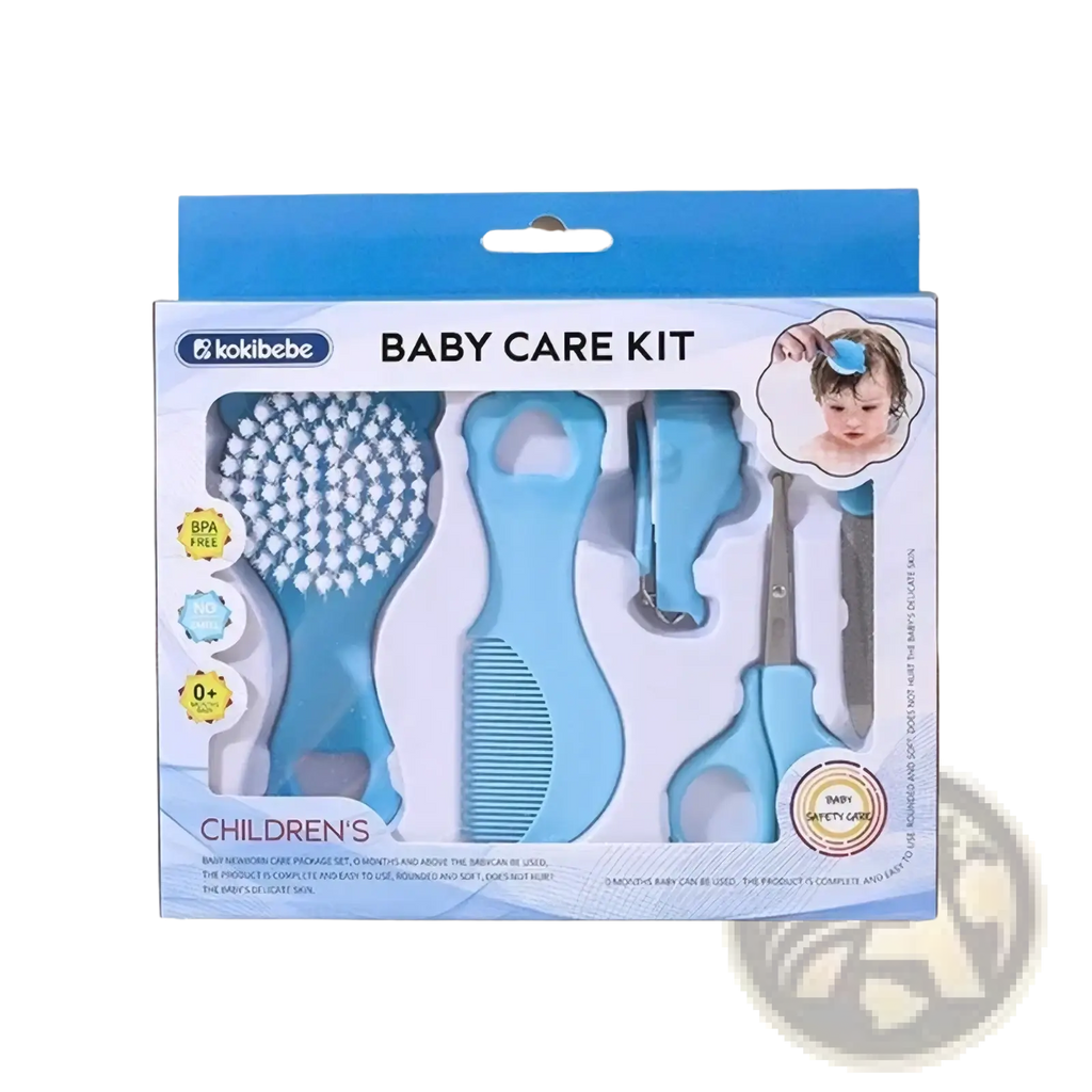 Light blue plastic baby grooming kit with soft bristles, rounded edges, and tools for infant care and grooming