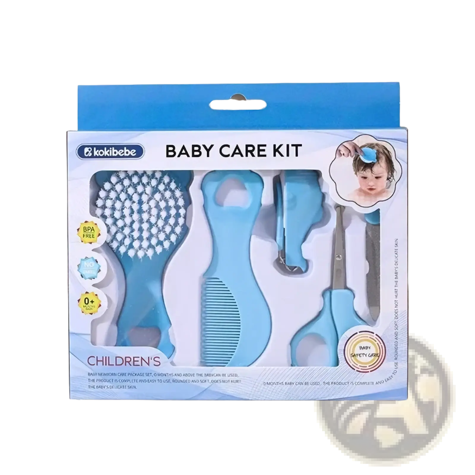 Light blue plastic baby grooming kit with soft bristles, rounded edges, and tools for infant care and grooming