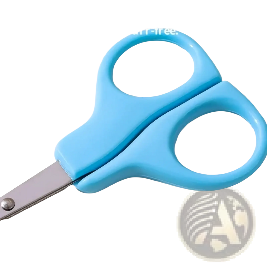 Light blue plastic-handled children’s nail scissors with stainless steel blades from baby grooming kit infant care set