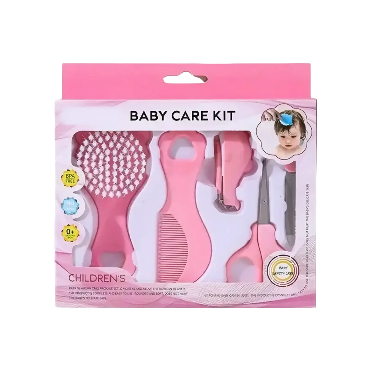 Pink baby grooming kit with soft silicone handles includes brush comb nail clipper and scissors for infant care