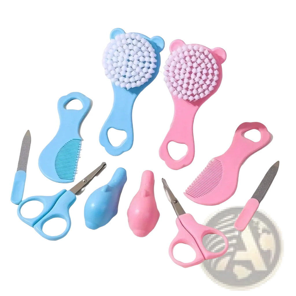 Pink and blue baby grooming kit with soft bristles includes bear-shaped brushes combs scissors and nail clippers for infant care