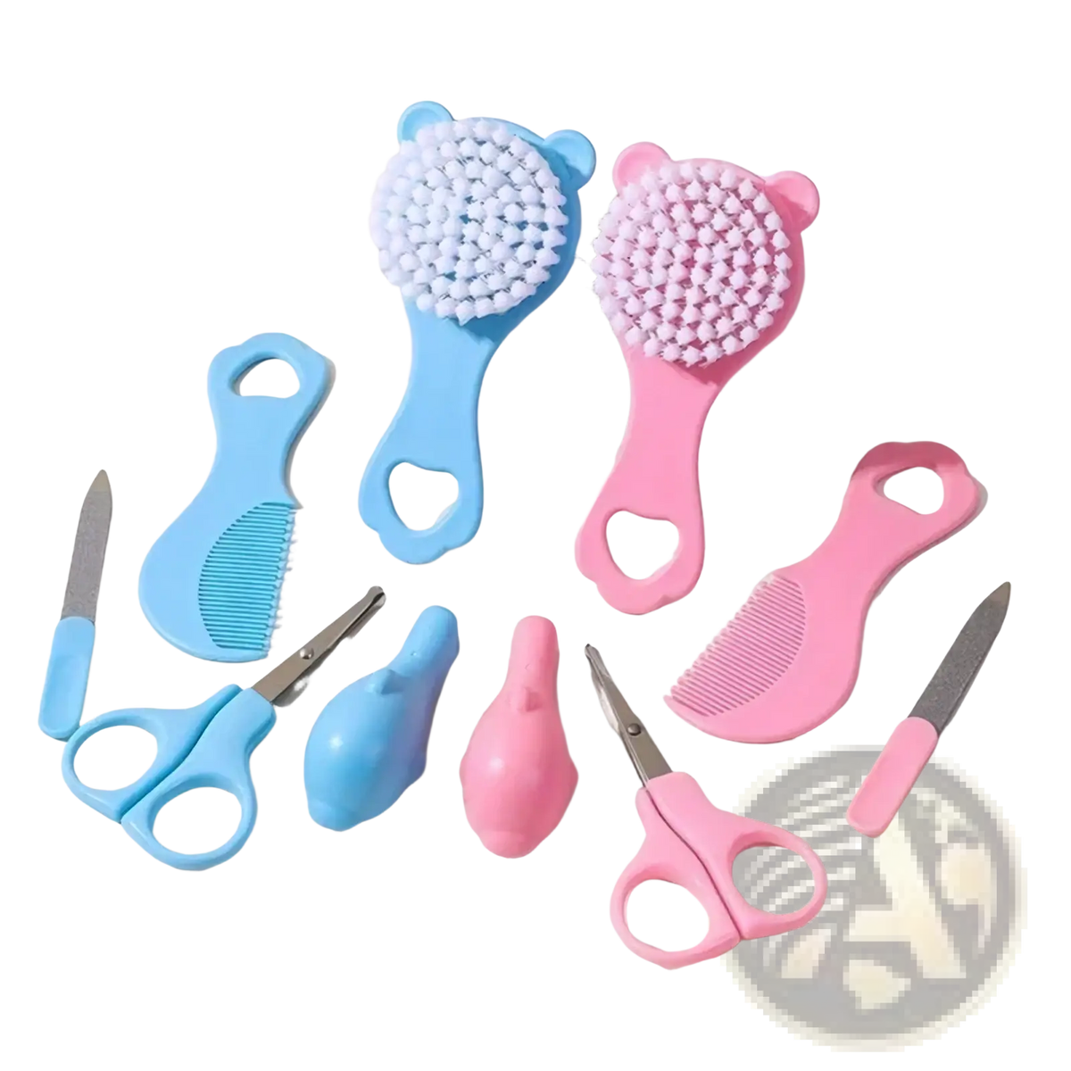 Pink and blue baby grooming kit with soft bristles includes bear-shaped brushes combs scissors and nail clippers for infant care