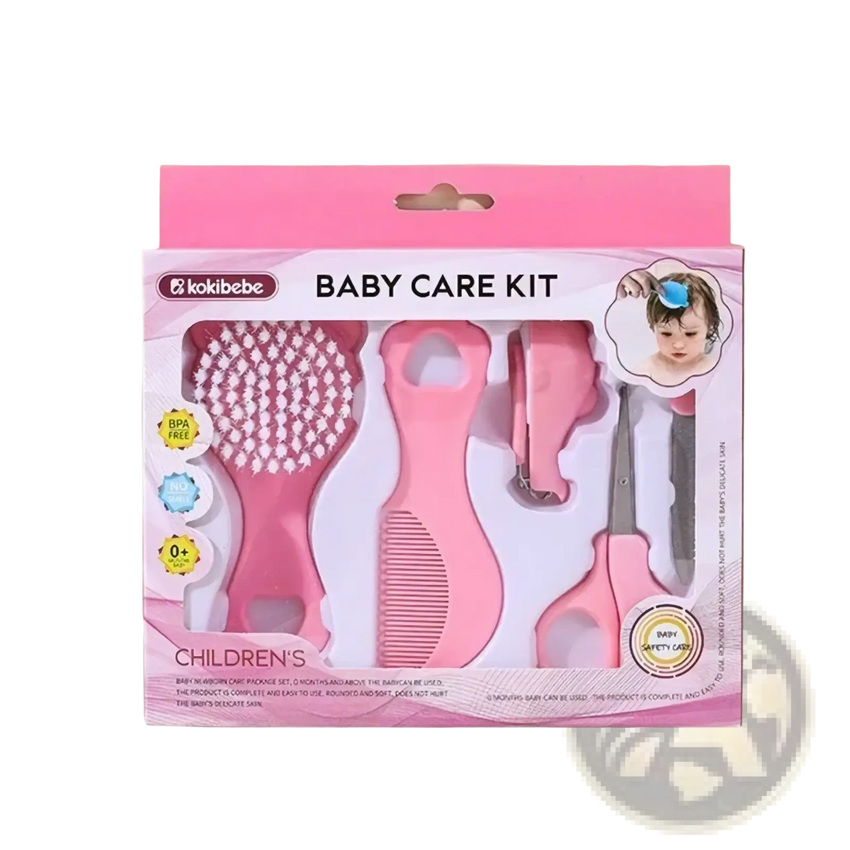 Pink plastic baby grooming kit with soft bristles includes brush comb nail clipper and scissors for infant care