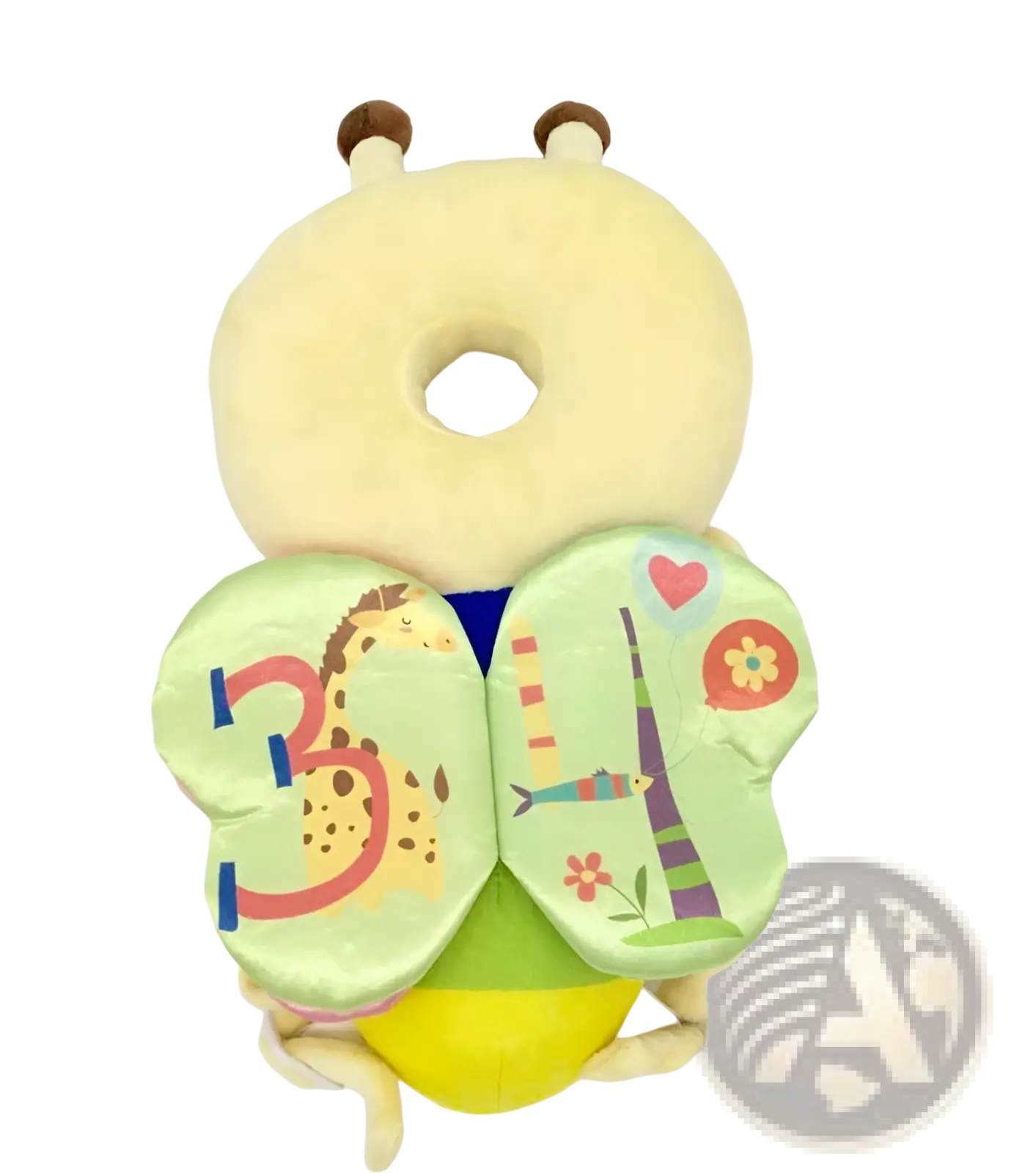 A soft plush snail-shaped baby head protection pillow with pale yellow body and breathable green sides with cartoon animals