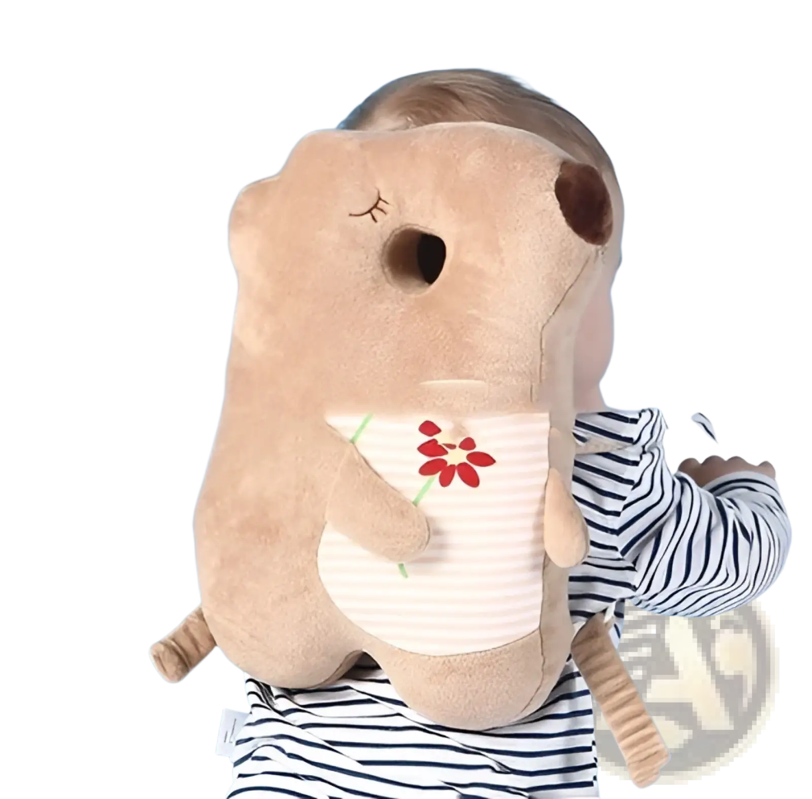 A soft tan plush baby head protection pillow breathable toddler backpack with embroidered red flowers on white stripes