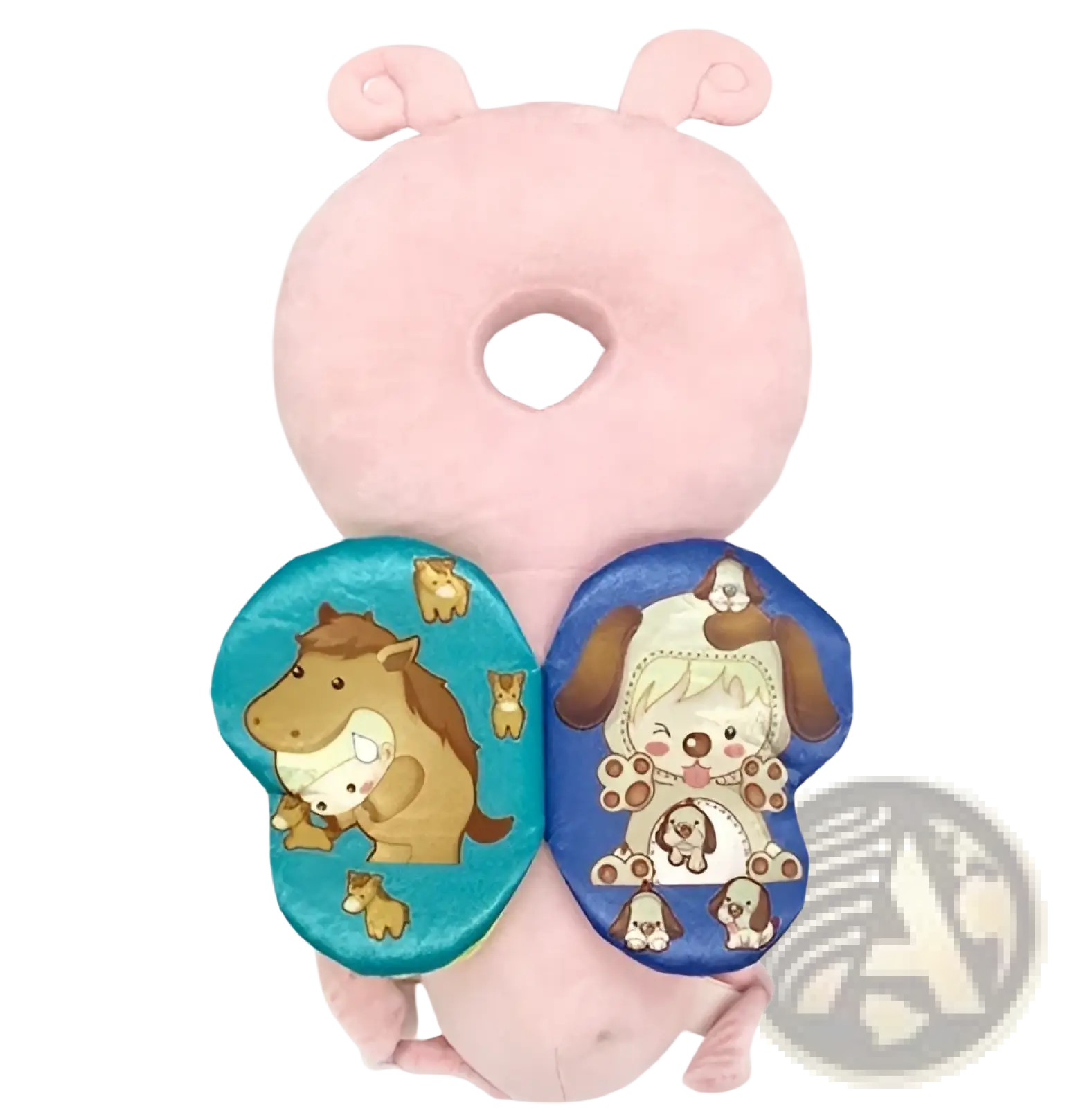 Pink plush baby head protection pillow with breathable toddler backpack design featuring horse and dog panels