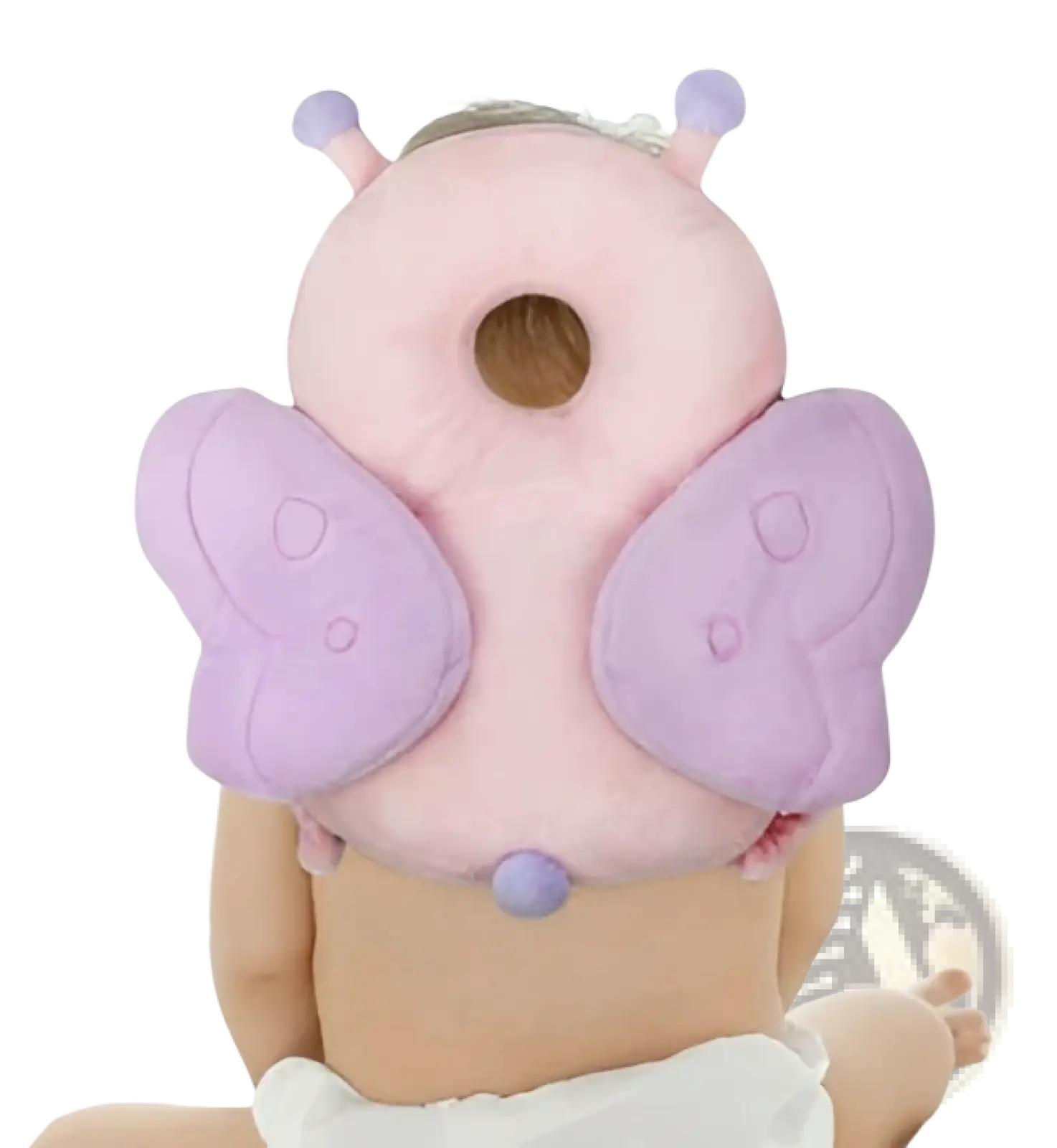 Pink butterfly-shaped baby head protection pillow with soft plush breathable material and rounded wings shown from back side