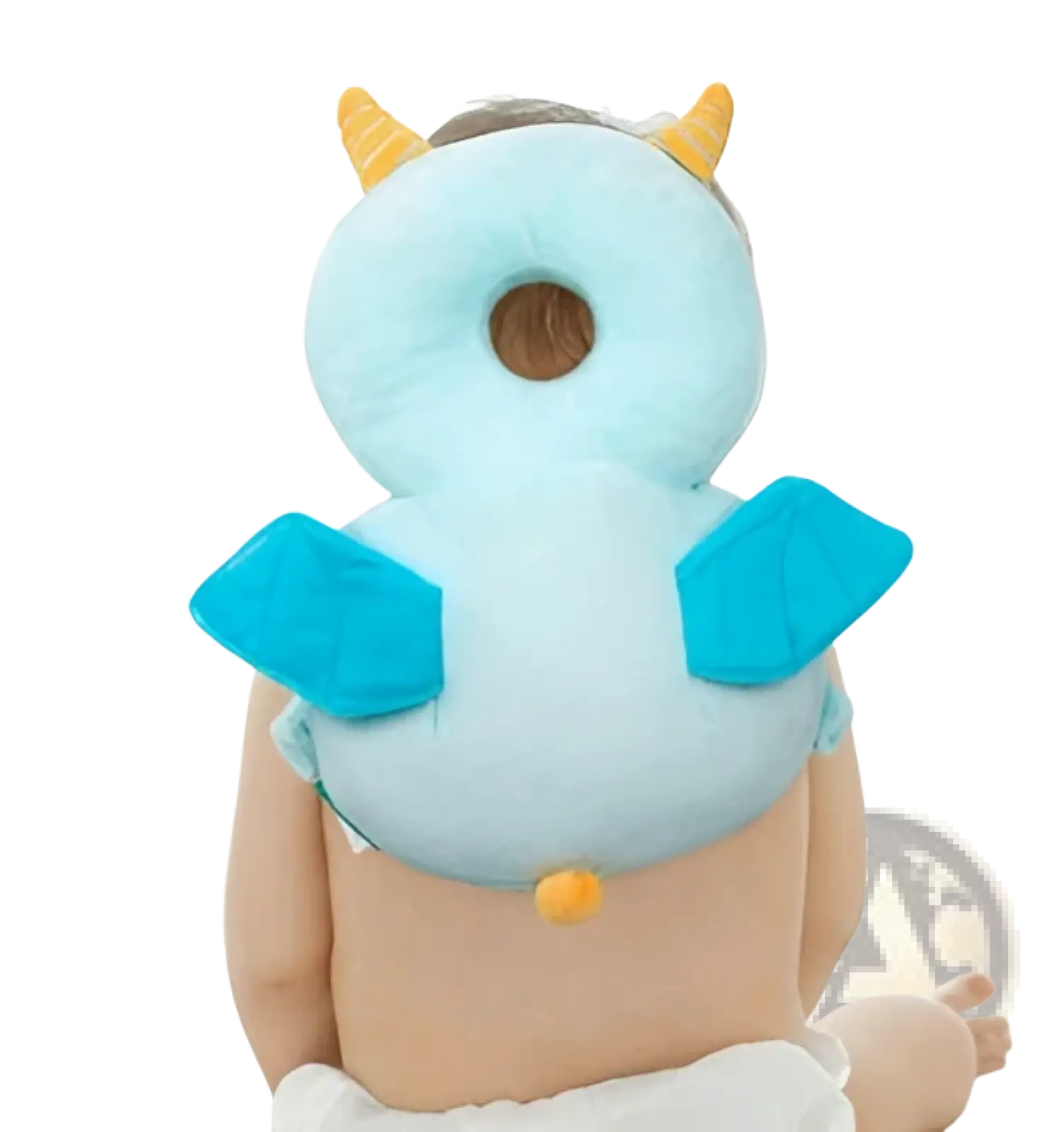 Light blue plush baby head protection pillow with yellow horns and turquoise wing flaps for toddler backpack use
