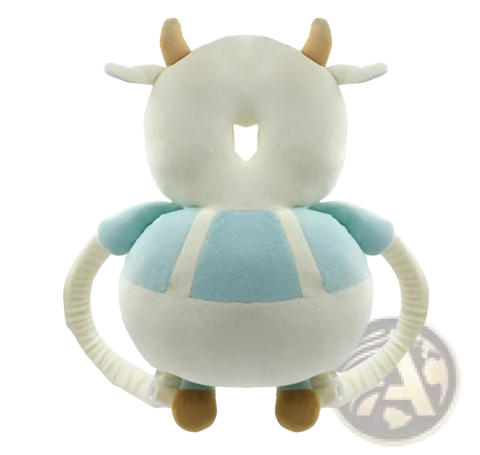 A plush cow-shaped baby head protection pillow toddler backpack in soft white and light blue breathable fabric with tan accents