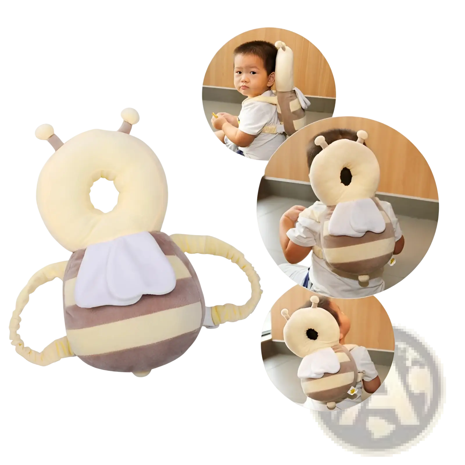 Cute beige and brown striped plush bee toddler backpack with white wings and breathable baby head protection pillow