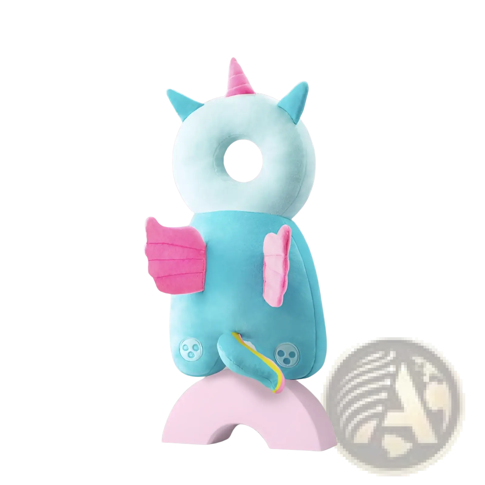 A plush light blue unicorn-shaped baby head protector neck pillow with pink horn ears soft fabric wings and circular details